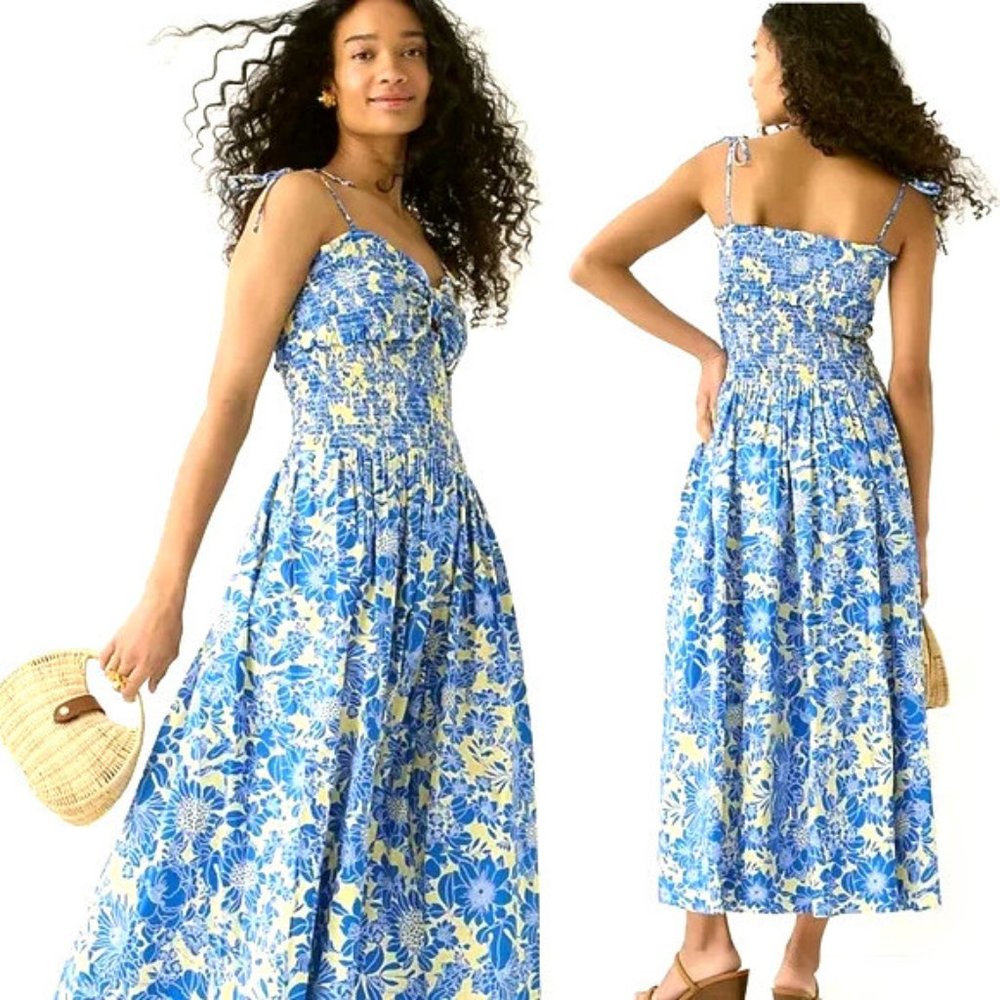 J. Crew Collection Tie-Shoulder Smocked Midi Dress in Floral Cotton Poplin